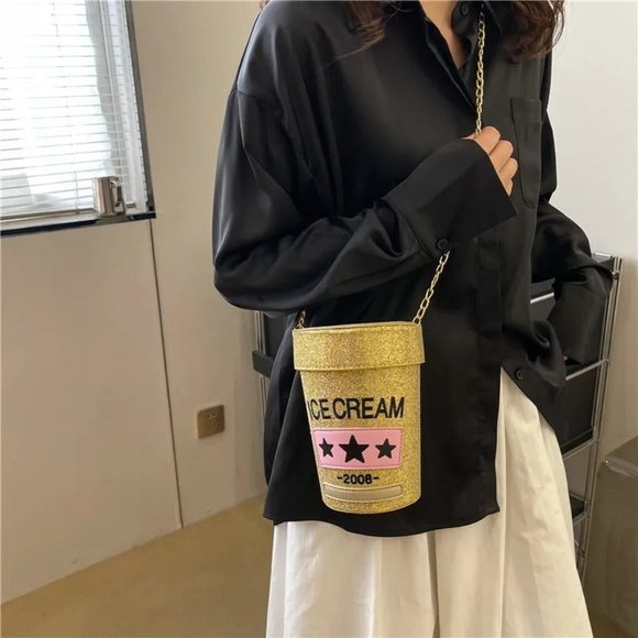 Handbags - Ice Cream Bucket Gray Glitter Shoulder Hand Bag Purse